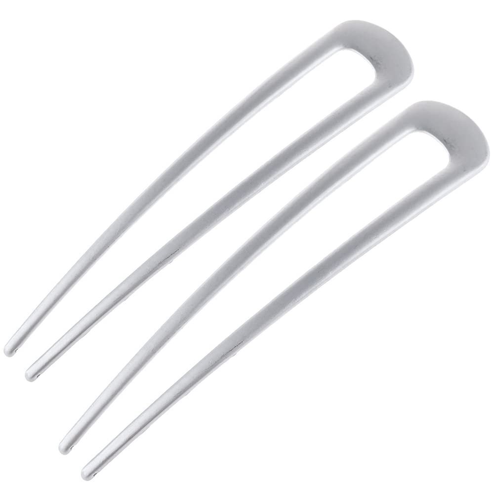 INCAUCA 2 Pack Simple Metal U Shaped Hairpins, French Style Hair Pins for Women Girl, Hair Stick Forks, Hair Styling Pins for Updo Buns, 2 Prong Tortoise Shell U Shaped Hair Pin Chignon (Silver)