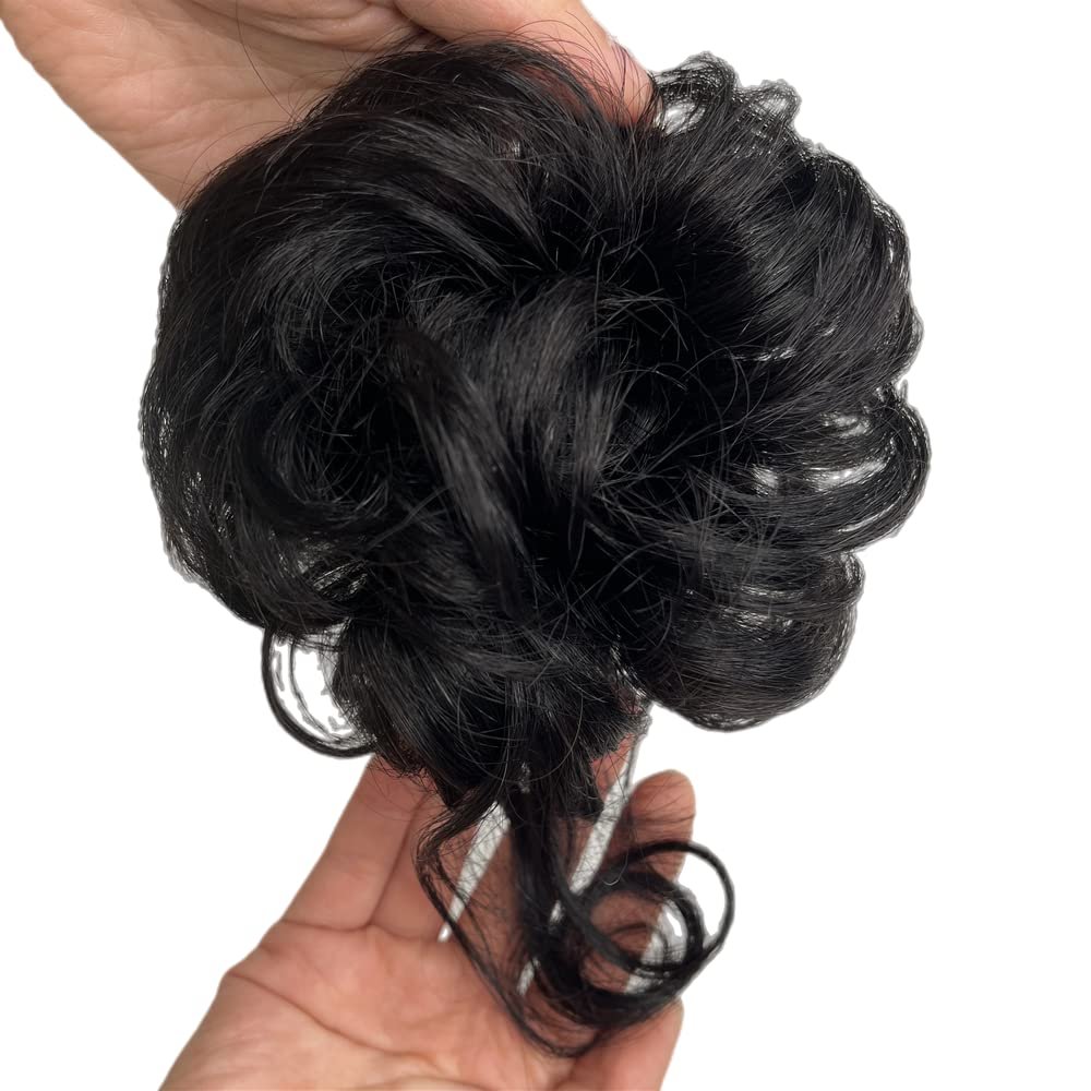 100% Human Hair Messy Bun Extension Tail, Messy Hair Bun Hair Scrunchies Extension with Fringe Curly Wavy Chignon for Women Wedding Tousled Updo Hairpiece (Natural Color)