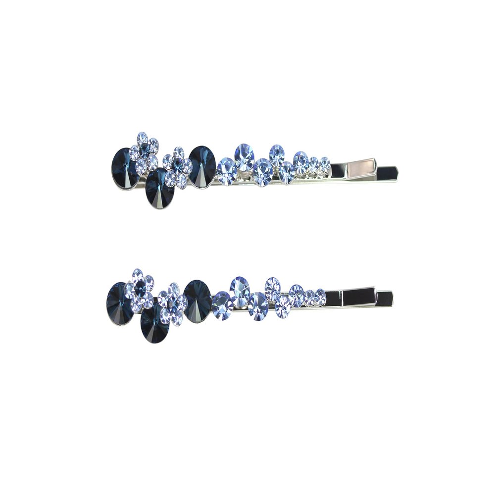 Faship A Pair Of Dark Blue Premium Rhinestone Crystal Floral Hair Clips Pins 2 Pcs