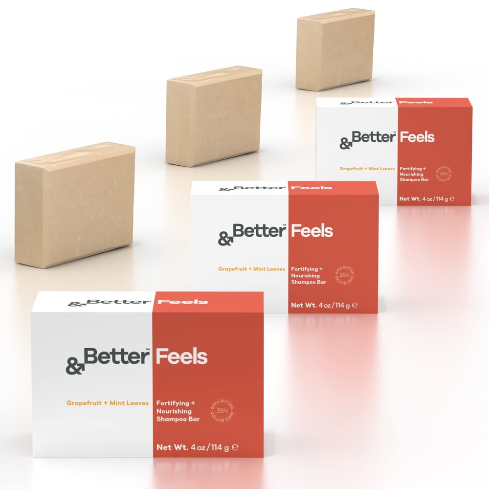 &Better All-Natural Shampoo Bar for Men | Handcrafted in Canada with Organic Shea Butter | Rich in Vitamins + Proteins | Plastic-Free + Vegan | Natural Scent (Grapefruit + Mint Leaves) - 3 Pack