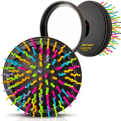 LUCETE Compact Hair Brush -Travel Size with Mirror Detangling Hair Brush, Portable Purse Pocket for Women and Girl