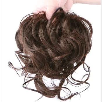 100% Human Hair Messy Bun Extension Tail, Messy Hair Bun Hair Scrunchies Extension with Fringe Curly Wavy Chignon for Women Wedding Tousled Updo Hairpiece (Dark Brown)