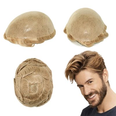 HAIR NATURE Mens Human Hair Piece, Toupee for Men, Hair Replacement Systems, 0.12mm Poly Skin Blonde Hair Units #22R