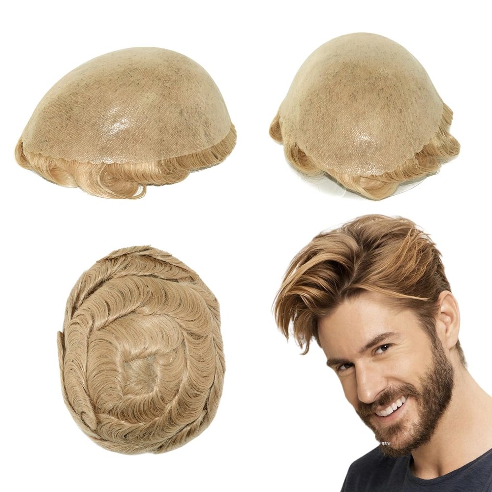 HAIR NATURE Mens Human Hair Piece, Toupee for Men, Hair Replacement Systems, 0.12mm Poly Skin Blonde Hair Units #22R