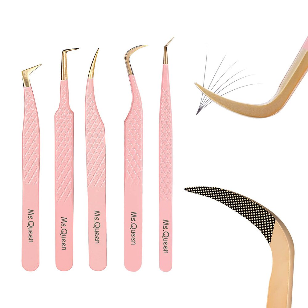 Ms.Queen Lash Tweezers For Eyelash Extensions,5Pcs Professional Fiber Tip Grip Curved 45 90 Degree Boot Volume Tweezers Set