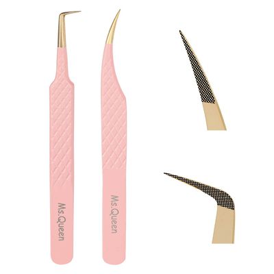 Ms.Queen Lash Tweezers for Eyelash Extensions,Precision 2Pcs Fiber Tip Grip 90 Degree Volume and Dolphin Isolation Lashing Tweezers Set