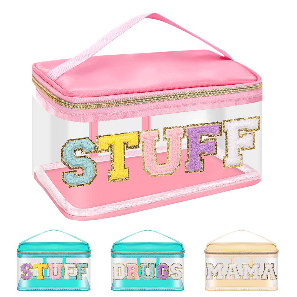 Iqimott Preppy Clear Makeup Bag Stuff Pouch, Chenille Letter Cosmetic Bag for Women Girls, Nylon PVC Toiletry Storage Handbag, Travel Transparent Waterproof Zipper Pouch with Handle(Stuff, Pink)