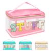 Iqimott Preppy Clear Makeup Bag Stuff Pouch, Chenille Letter Cosmetic Bag for Women Girls, Nylon PVC Toiletry Storage Handbag, Travel Transparent Waterproof Zipper Pouch with Handle(Stuff, Pink) view 1