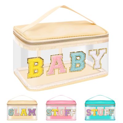 Iqimott Preppy Clear Makeup Bag Baby Pouch, Chenille Letter Cosmetic Bag for Women Girls, Nylon PVC Toiletry Storage Handbag, Travel Transparent Waterproof Zipper Pouch with Handle(Baby, Beige)