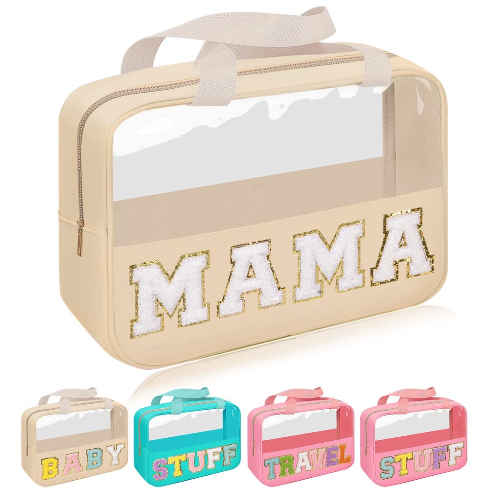Iqimott Chenille Letter Patch Mama Bag, Preppy Clear Makeup Cosmetic Bag Large Toiletry Storage Tote Bag with Handle, Transparent Nylon Waterproof Organizer Zipper Pouch for Travel Women Girls(Beige)