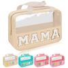 Iqimott Chenille Letter Patch Mama Bag, Preppy Clear Makeup Cosmetic Bag Large Toiletry Storage Tote Bag with Handle, Transparent Nylon Waterproof Organizer Zipper Pouch for Travel Women Girls(Beige) view 1