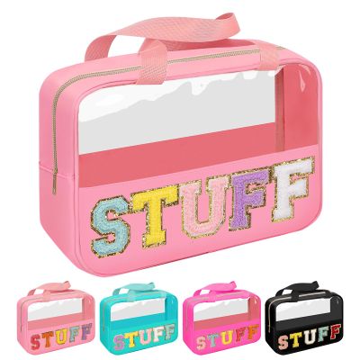 Iqimott Chenille Letter Patch Stuff Bag, Preppy Clear Makeup Cosmetic Bag Large Toiletry Storage Tote Bag with Handle, Transparent Nylon Waterproof Organizer Zipper Pouch for Travel Women Girls(Pink)