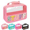 Iqimott Chenille Letter Patch Stuff Bag, Preppy Clear Makeup Cosmetic Bag Large Toiletry Storage Tote Bag with Handle, Transparent Nylon Waterproof Organizer Zipper Pouch for Travel Women Girls(Pink) view 1