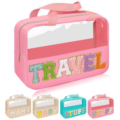 Chenille Letter Patch Travel Bag, Preppy Clear Makeup Cosmetic Bag Large Toiletry Storage Tote Bag with Handle, Transparent Nylon Waterproof Organizer Zipper Pouch for Travel Women Girls(Pink)