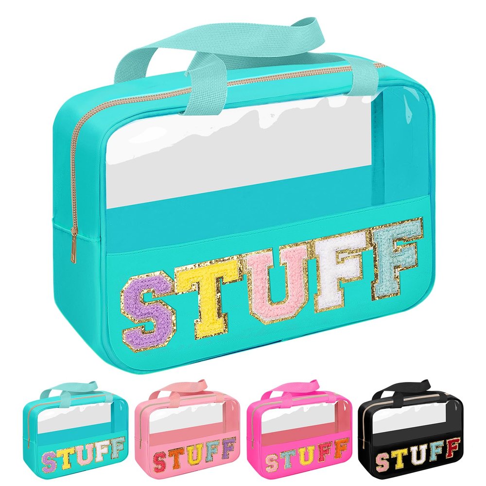 Chenille Letter Patch Stuff Bag, Preppy Clear Makeup Cosmetic Bag Large Toiletry Storage Tote Bag with Handle, Transparent Nylon Waterproof Organizer Zipper Pouch for Travel Women Girls(Green)