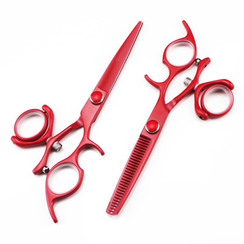 Swivel Thumb Hair Cutting Shears, 6 Inch Red Professional Salon Japanese Stainless Steel Cutting Thinning Barber Hair Scissors Swivel Set (Color : Set)