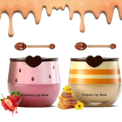 2PCS Bee Lip Balm Honey Pot - Strawberry & Honey Moisturizing Propolis Mask, Hydrating Prevention for Dry and Cracked Skin, Scrubs Exfoliator, Sleep Mask Reduces Lines, Skin Care Products