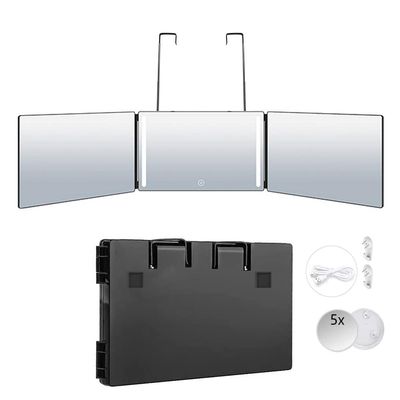 BeiHCain 360 Hanging Mirror, Travel Barber Mirror with LED Lights, 3-Way Rotatable, Wall-Mounted, Black, 36.6 x 7.6 x 1.1 Inches (Expanded), 12.5 x 7.6 x 1.1 Inches (Folded)