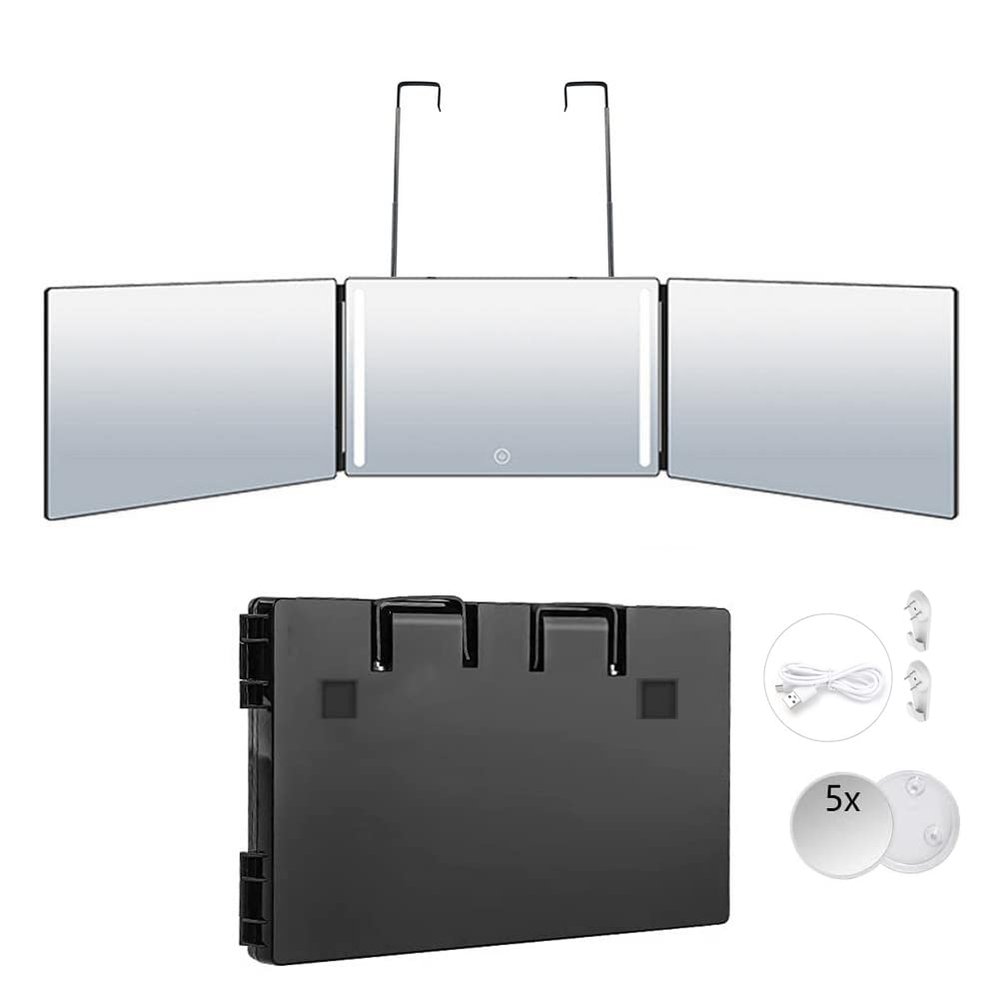 BeiHCain 360 Hanging Mirror, Travel Barber Mirror with LED Lights, 3-Way Rotatable, Wall-Mounted, Black, 36.6 x 7.6 x 1.1 Inches (Expanded), 12.5 x 7.6 x 1.1 Inches (Folded)