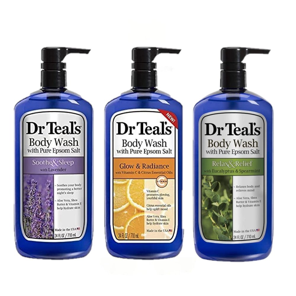 Dr Teal's Body Wash Variety Gift Set (3 Bottles, 24 oz ea) - Soothe & Sleep, Glow & Radiance, and Relax & Relief - Lavender, Citrus, & Eucalyptus Scents - Essential Oils & Epsom Salts for Relaxation