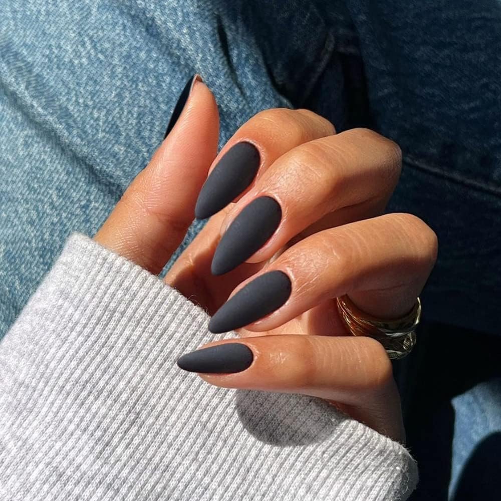 Black Press on Nails Medium Stiletto Almond,KQueenest Matte Pure Color Acrylic Nails Kit Reusable Fake Nails with Feature Protective UV Coating for Women Nail Art Manicure in 24PCS