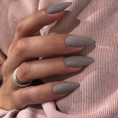 Gray Press on Nails Medium Stiletto Almond,KQueenest Pure Color Acrylic Nails Kit Reusable Fake Nails with Feature Protective UV Coating for Women Nail Art Manicure in 24PCS