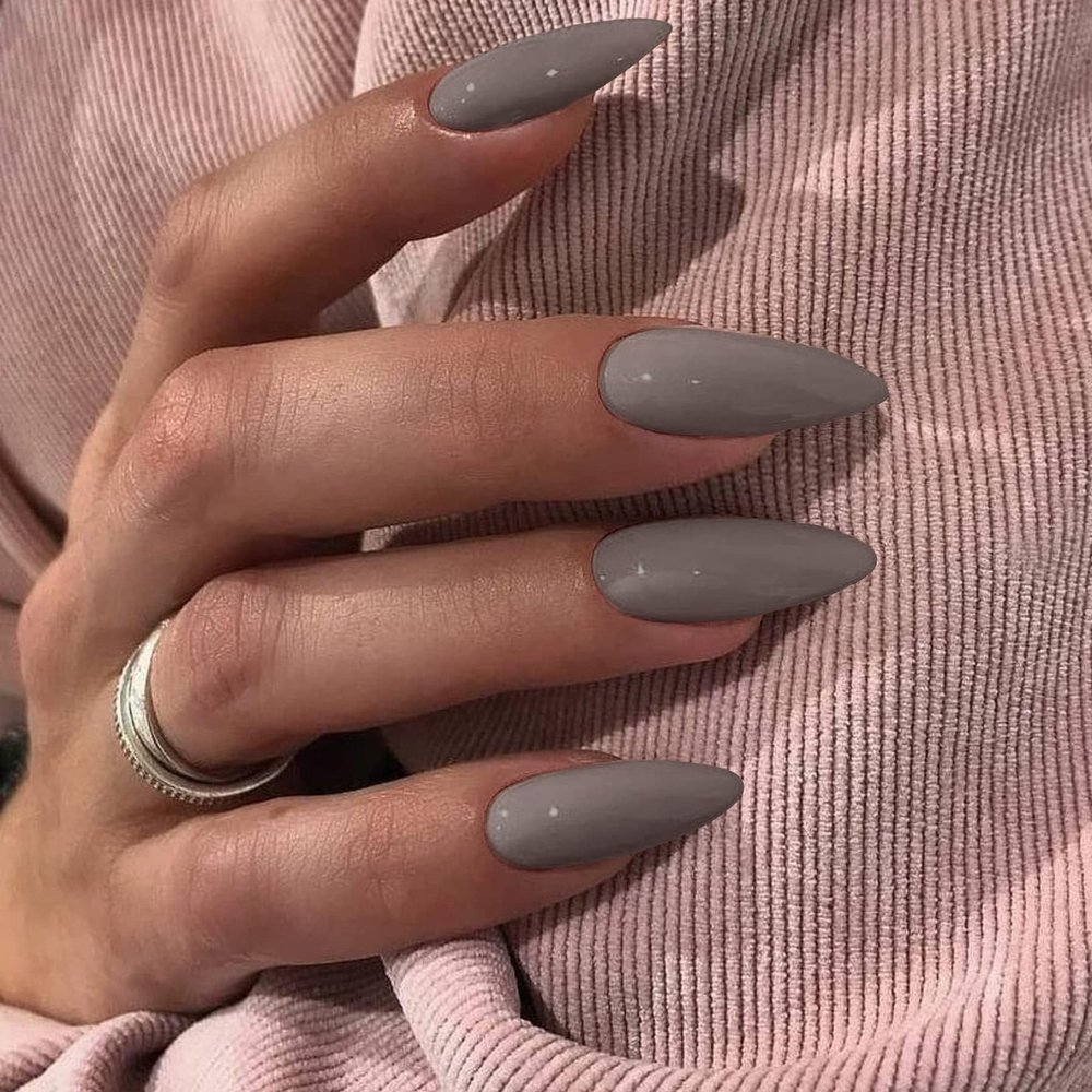 Gray Press on Nails Medium Stiletto Almond,KQueenest Pure Color Acrylic Nails Kit Reusable Fake Nails with Feature Protective UV Coating for Women Nail Art Manicure in 24PCS