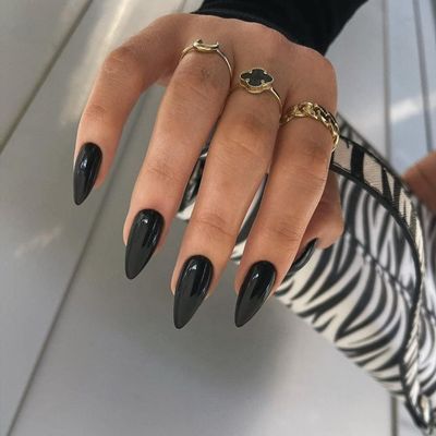 KQueenest All Black Press on Nails Medium Almond Stiletto, Pure Color Acrylic Nails Reusable Fake Nails Press on Feature Protective UV Coating, Short Almond Nails for Women Gift in 24 Pcs