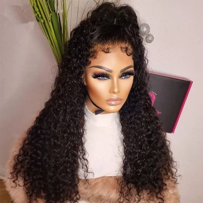 180% Density Natural Kinky Hairline 360 Lace Curly Human Hair Wigs HD Transparent Full 360 Lace Frontal Wigs Pre Plucked with Curly Baby Hair Brazilian Wet and Wavy Hair Wigs Water Wave 24Inch