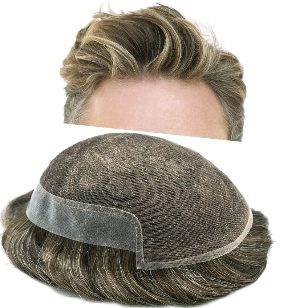 Toupee For Men Replacement Systems PU Skin With Swiss Lace Men Toupee Bleached Knots Natural Hairline Men Hairpiece (7X9"-100% light to medium density, 740 7# VERY LIGHT BROWN +40% Sythetic Grey)