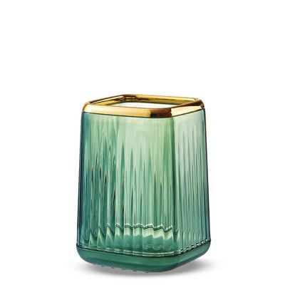 Makeup Brush Cup Holder Organizer for Vanity, Acrylic Vintage Green Make Up Brushes Holders Container Storage with Striped Design for Bathroom Countertop, Pen Pencil Holder Cosmetic Cup for Desk