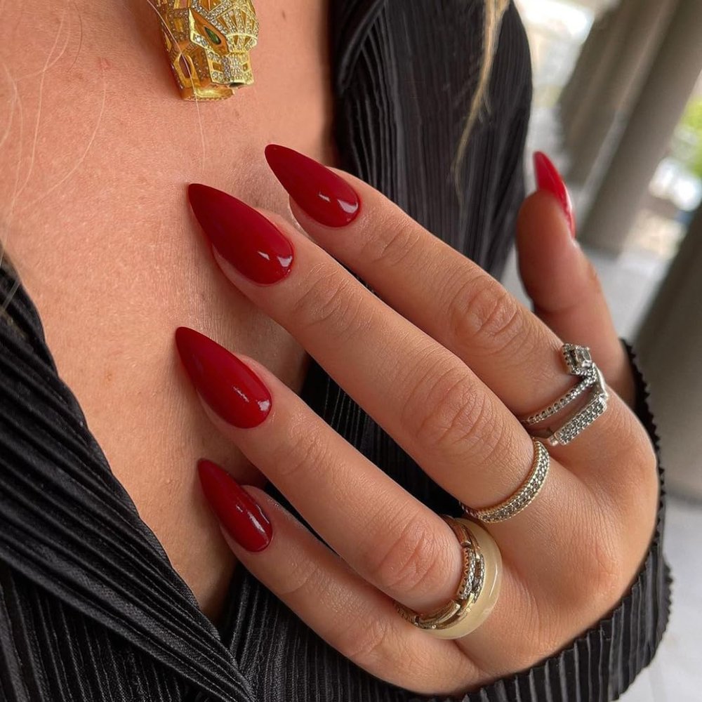 KQueenest Red Press on Nails Medium Almond Stiletto, Acrylic Fake Nails Set, Acrylic Nails Press ons Almond, Reusable Soft Gel Glue on Nails for Women New Year with Protective UV Coating24 Pcs