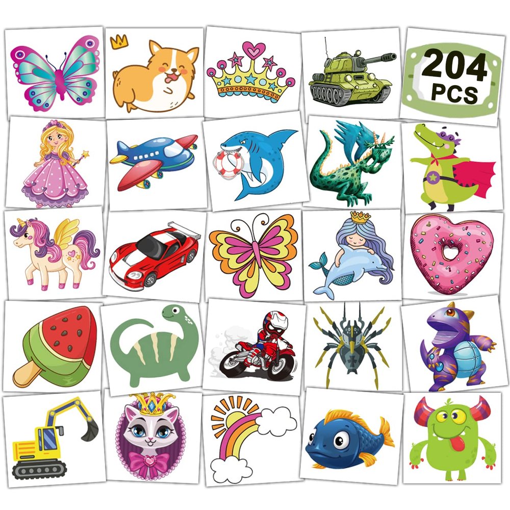 CHARLENT 204 PCS Individually Wrapped Temporary Tattoos for Kids - Fun Tattoos for Boys Girls Birthday Party Favors Goodie Bag Fillers