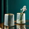 Lebenrich Makeup Brush Holder Organizer for Vanity, Acrylic Gold Make Up Brushes Holders Container Storage Cup with Striped Design for Bathroom Countertop, Pen Pencil Holder Cosmetic Cup for Desk view 2