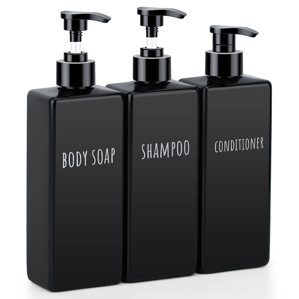Segbeauty Plastic Square Soap Dispenser Black, 3pcs 16.9oz Refillable Shampoo and Conditioner Bottles, 500ml Empty Reusable Pump Bottle Bathroom Shower Dispenser Set for Body Wash Liquid Gel Lotion