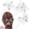 ANCIRS 3 Pack Pearl Bridal Wedding Hair Styling Pins, Vintage Leaves Style Bride Head Piece, U Shape Rhinestone Flower Hair Accessories for Women & Girls Bridesmaids Wedding Hairstyles- Silver view 1
