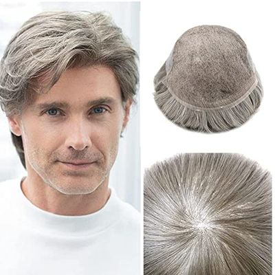 Toupee For Men Replacement Systems PU Skin With Swiss Lace Men Toupee Bleached Knots Natural Hairline Men Hairpiece (8X10"-100% light to medium density, 580 5# MEDIUM LIGHT BROWN+80% Sythetic Grey)