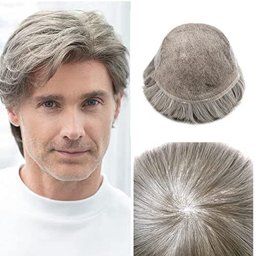 Toupee For Men Replacement Systems PU Skin With Swiss Lace Men Toupee Bleached Knots Natural Hairline Men Hairpiece (8X10"-100% light to medium density, 580 5# MEDIUM LIGHT BROWN+80% Sythetic Grey)