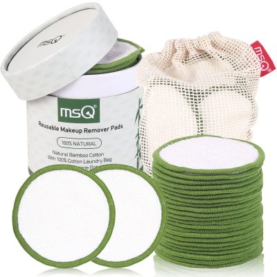 MSQ Reusable Makeup Remover Pads (20 Pack) with Washable Laundry Bag and Round Box for Storage, Bamboo Cotton Rounds for All Skin Types, Eco-Friendly Reusable Bamboo Cotton Pads