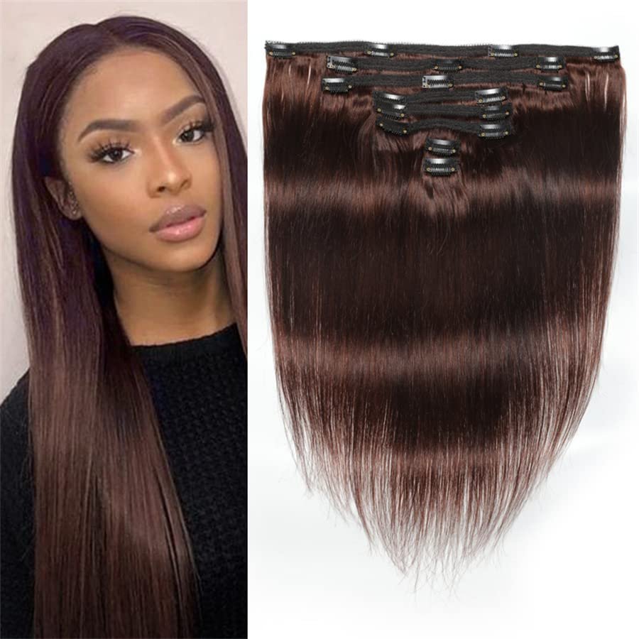 120g Clip in Long Soft Silky Straight Thick Hairpieces 12 inches #4 Chocolate (Medium) Brown Hair Extensions Real Human Hair Double Weft Hair for Women Full Head 8pcs Set