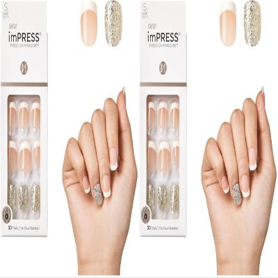 KISS Press-On Manicure, PureFit Technology, Short Nails | Time Slip | 30 Fake Nails | Complete Kit | Pack of 2