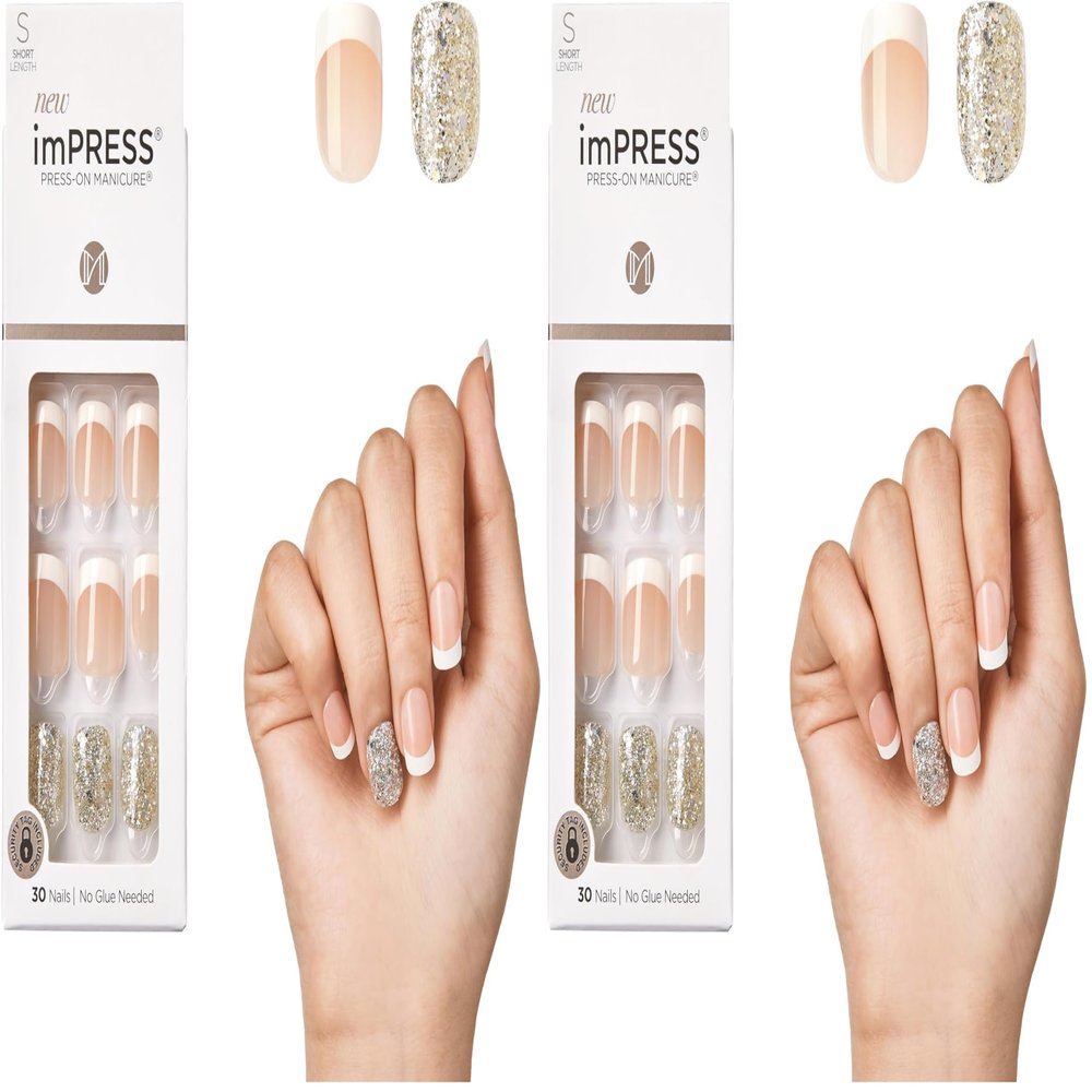 KISS Press-On Manicure, PureFit Technology, Short Nails | Time Slip | 30 Fake Nails | Complete Kit | Pack of 2