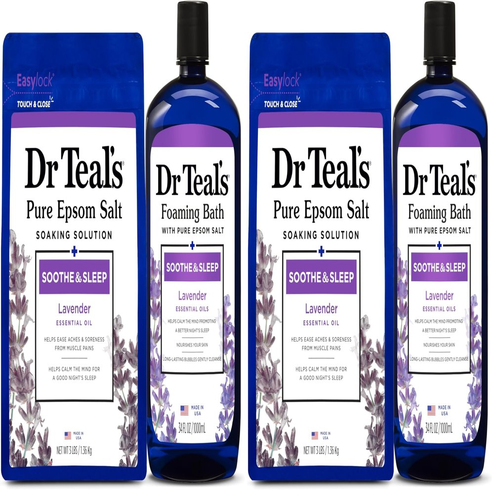 Dr. Teal's Epsom Salt Soaking Solution and Foaming Bath with Pure Epsom Salt Combo Pack, Lavender (Pack of 2)