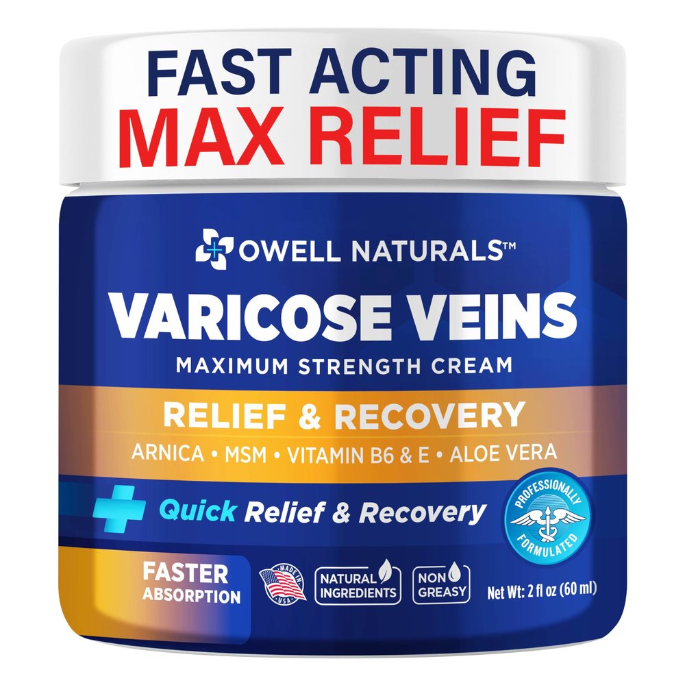 OWELL NATURALS Varicose & Spider Vein Leg Cream 2oz with Vitamin E - Maximum Strength All Natural Formula, Fast Acting Discomfort Reliever for Joint, Muscle, Knee (1 Pack)