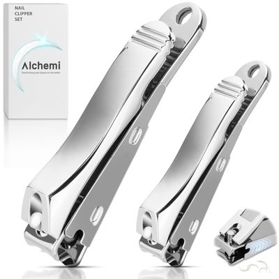 Alchemi Curved Blade Nail Clippers with Catcher, Surgical Sharp Fingernail & Toenail Clippers for Men Thick Nails, Heavy Duty No Splash Nail Cutters for Seniors, 2pcs Set