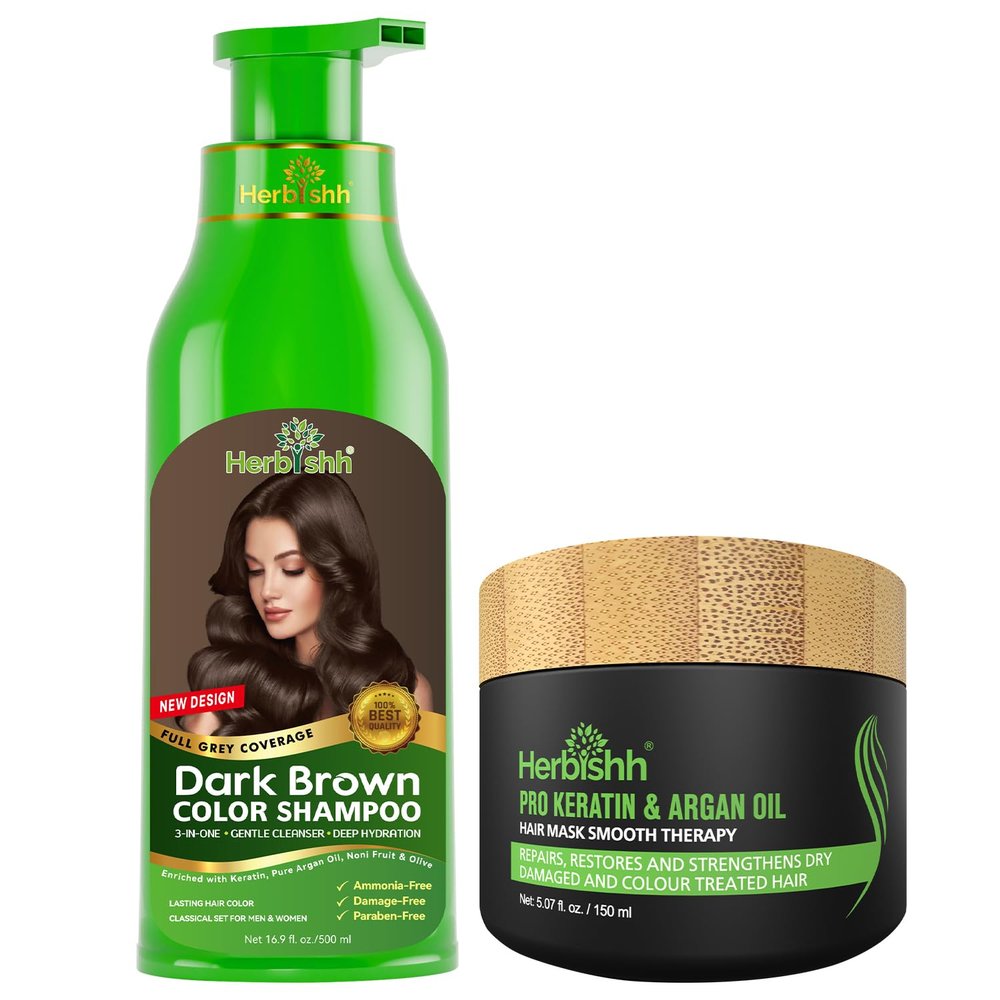 Herbishh Combo Hair Color Shampoo for Gray Hair Dark Brown 500ml + Argan Hair Mask for Deep Conditioning & Hydration 150gm