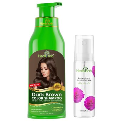 Herbishh Hair Color Shampoo for Gray Hair 500ml Dark Brown + Essential Care Flower Hair Oil for Dry Damaged Hair & Growth 60ml
