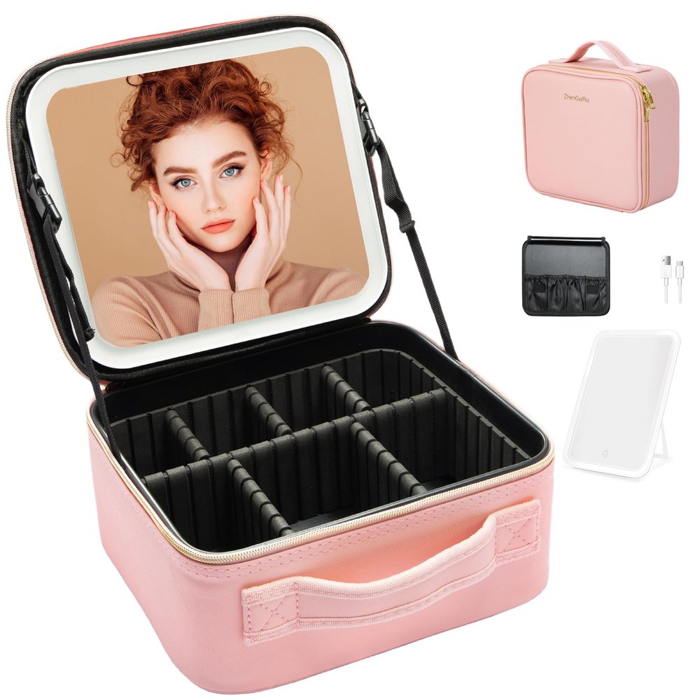 ZhenGuiRu Travel Makeup Bag with LED Mirror Waterproof Cosmetic Train Case with Adjustable Dividers, Portable Makeup Organizer and Toiletry Bag for Women, Teens & Girls Gift, Pink