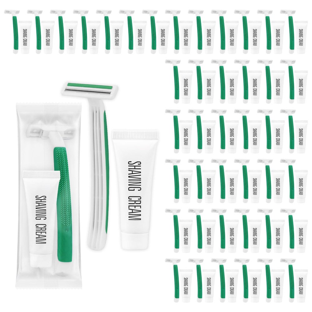 Disposable Razors in Bulk ,Green Razors Individually Wrapped Bulk,Twin Blade Razors with Clear Safety Cap and Shaving Cream, Razors For Homeless, Hotel,Air Bnb,Shelter/Homeless/Travel (100)