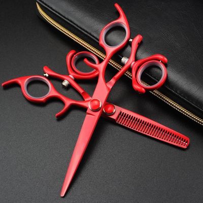 Swivel Thumb Hair Cutting Shears, 6 Inch Professional Japan 440C Red Cutting Thinning Hair Scissors Set Double Rotary Handle Flying Swivel Scissors (Color : Set)